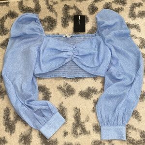 Fashionnova baby blue polkadot balloon sleeve crop top